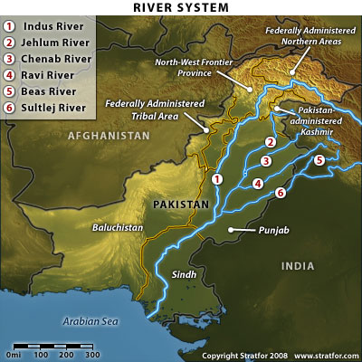 map of riversrunning from India to Pakistan